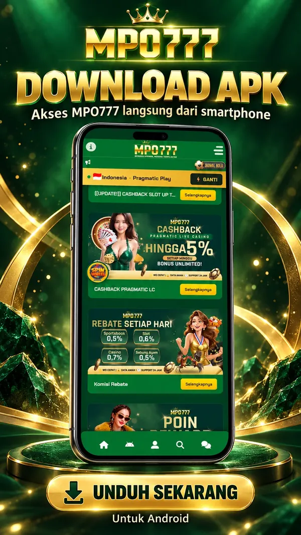 Poster unduh APK MPO777 untuk Android, tampilan aplikasi di smartphone
